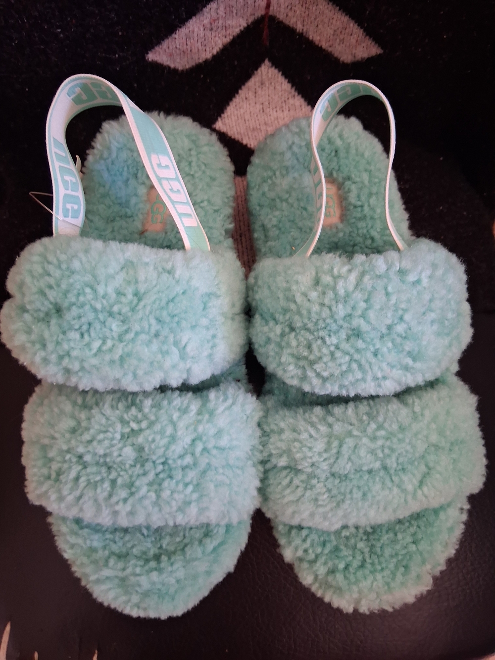 UGG Mint Green Fuzzy Slide Sandals with White Soles